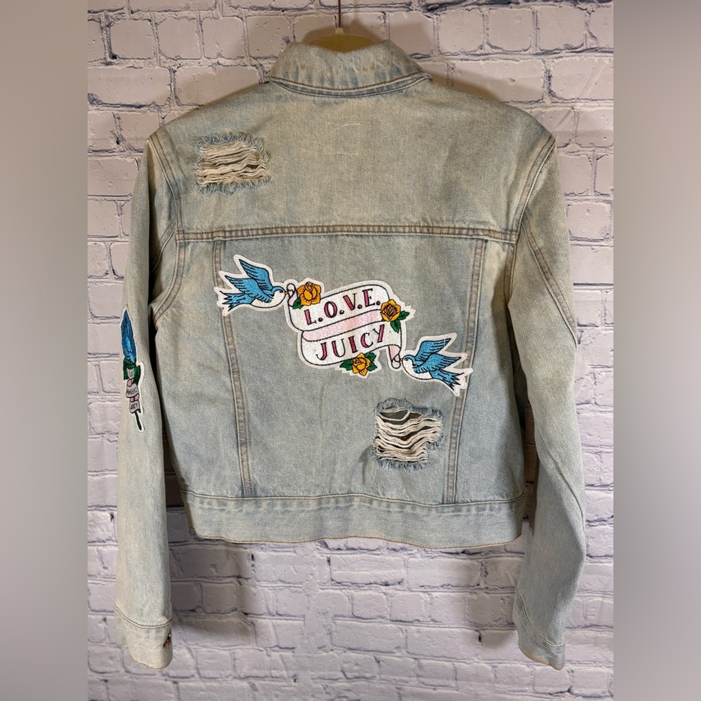 Juicy Couture Cabana Wash Tattoo Patch Distressed Cropped Urban Denim Jacket S - Picture 2 of 14